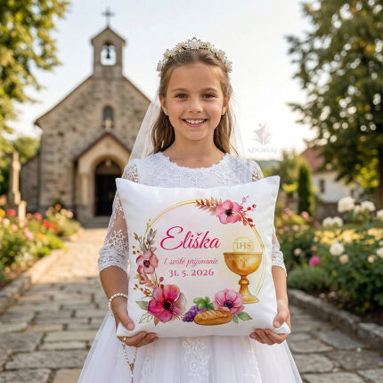 Vankúšik pre dievčatko k prvému svätému prijímaniu vzor kalich. 2