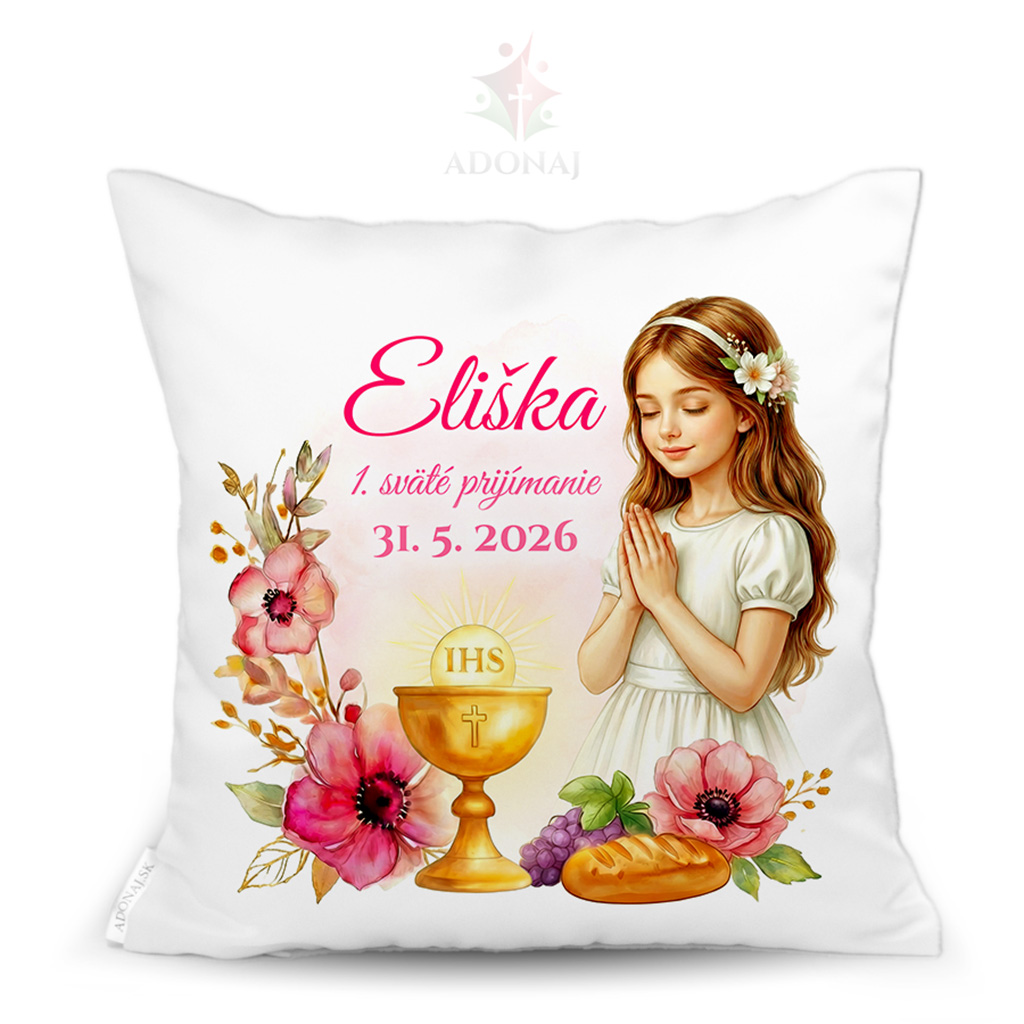 Vankúš web titulka milosť dievča prvé svete prijímanie.